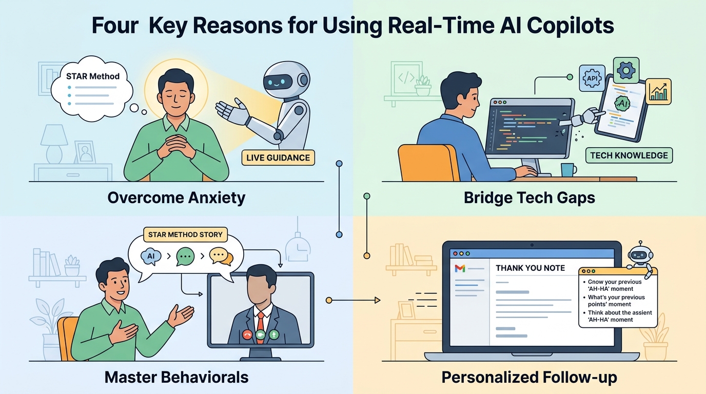 Stressed person transforming into a confident candidate using technology