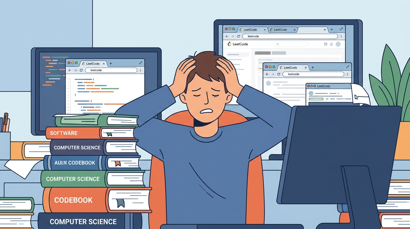 An illustration showing a person feeling overwhelmed by stacks of complex codebooks and LeetCode tabs