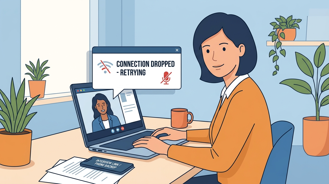 A candidate calmly navigating a technical issue on their laptop during a virtual job interview