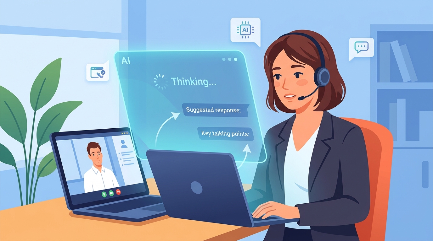 A candidate looking at a computer screen during a virtual job interview with an AI assistant overlay