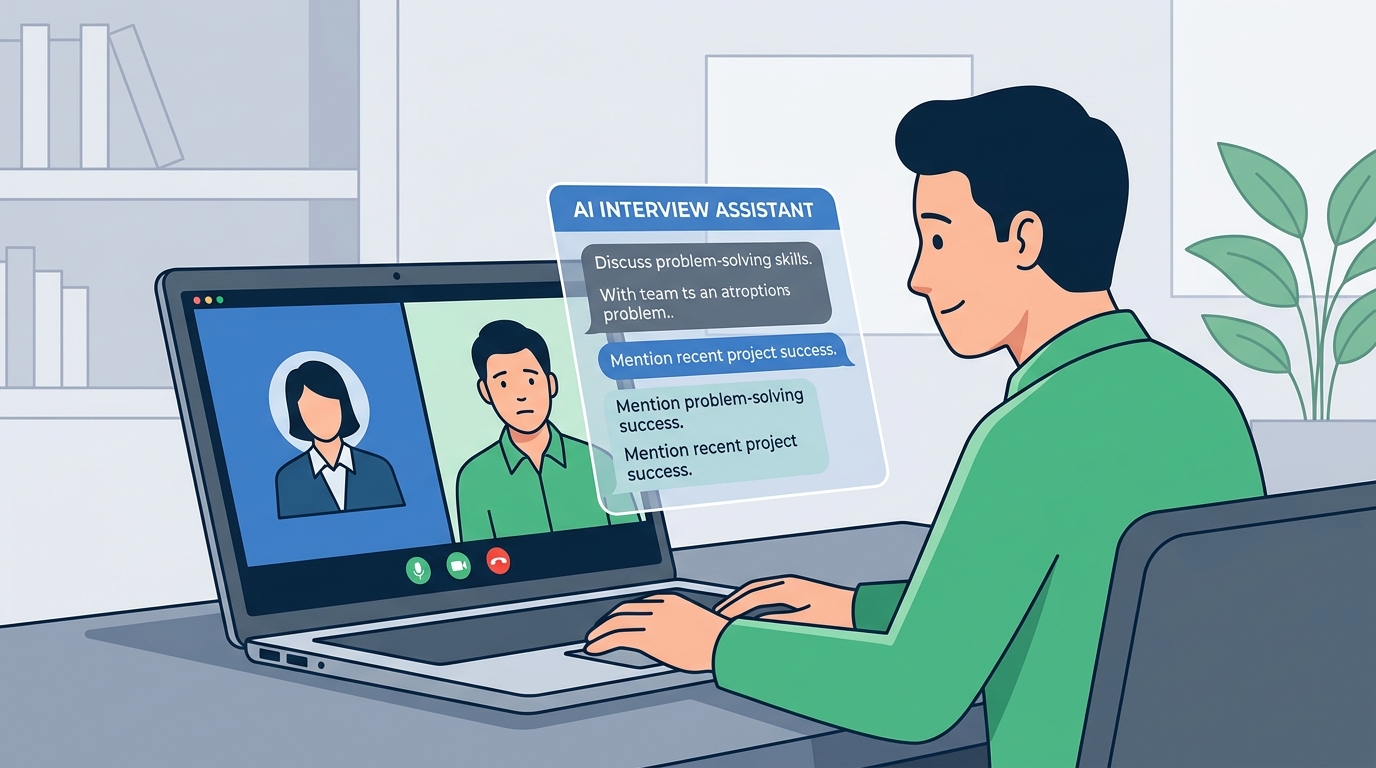 A candidate practicing for an interview using a laptop and notes