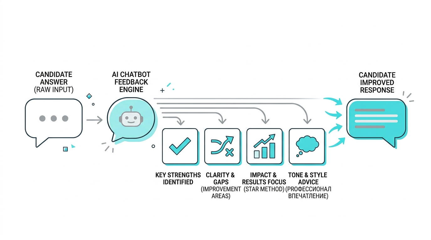 An infographic showing a workflow of an AI chatbot providing feedback on interview responses