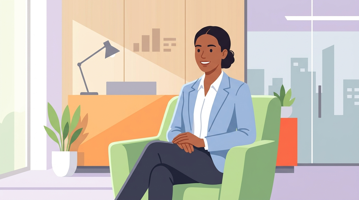 A person sitting confidently in an interview chair preparing to speak