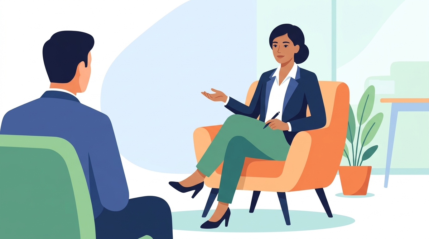 A person sitting confidently in an interview chair preparing for questions