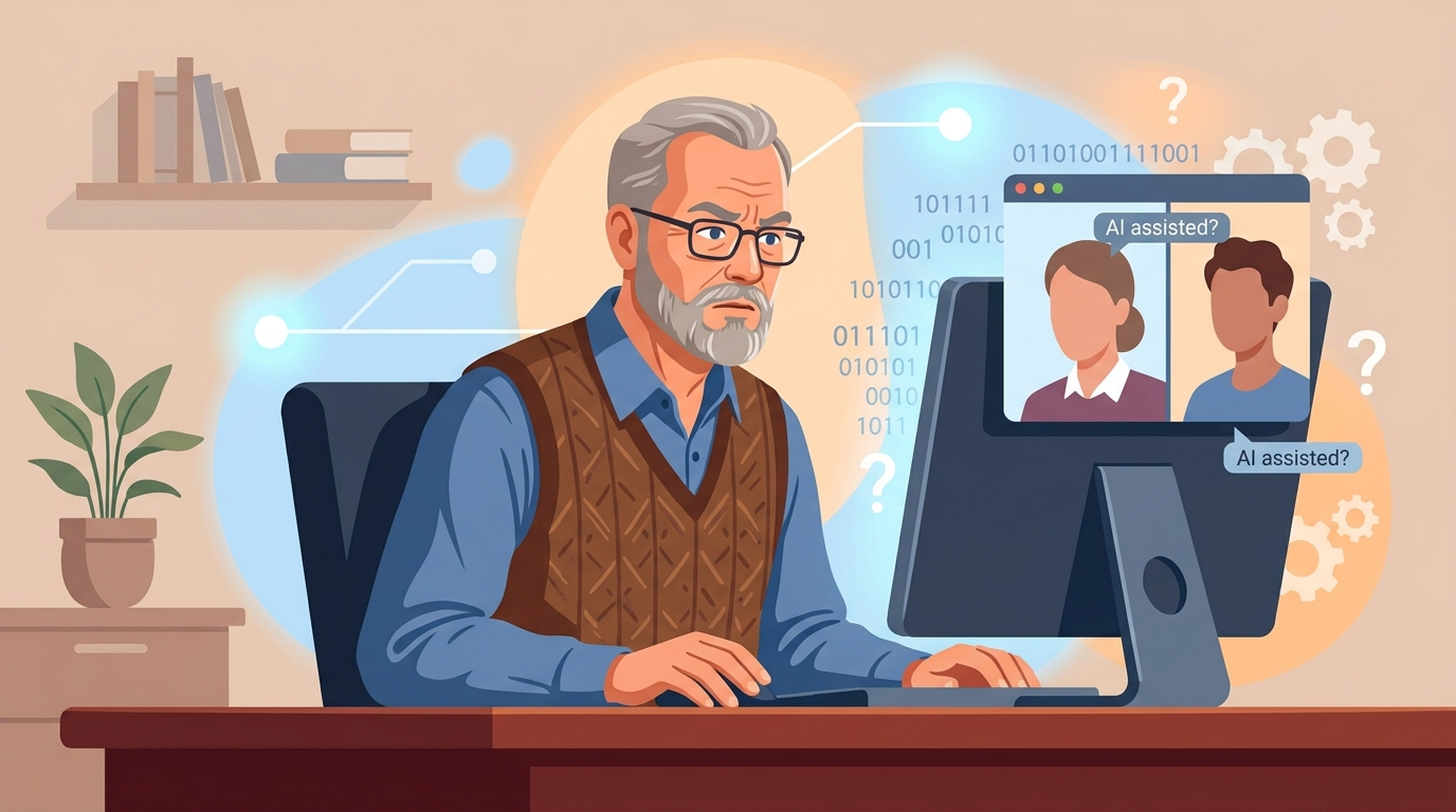 A professional candidate sitting at a desk with a laptop during a virtual interview
