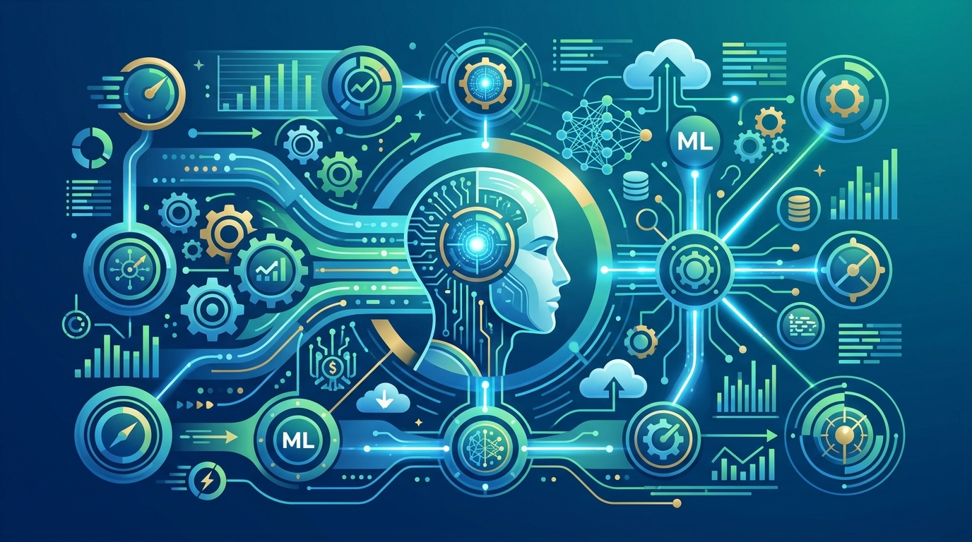 A high-tech digital graphic representing the integration of AI in business workflows